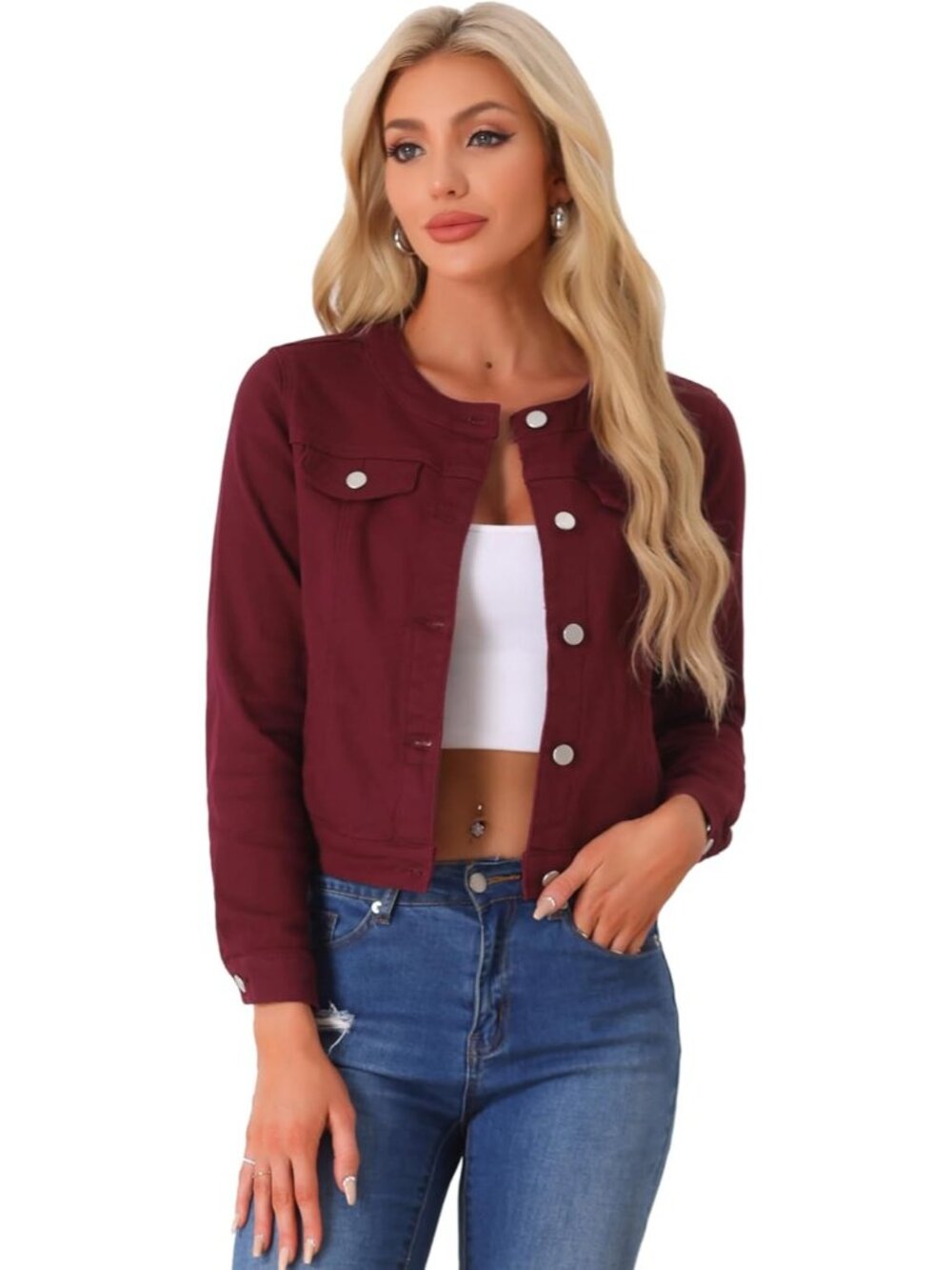 Women's Dark Red Denim Jacket Collarless Round Neck Jean Long Sleeve Jackets